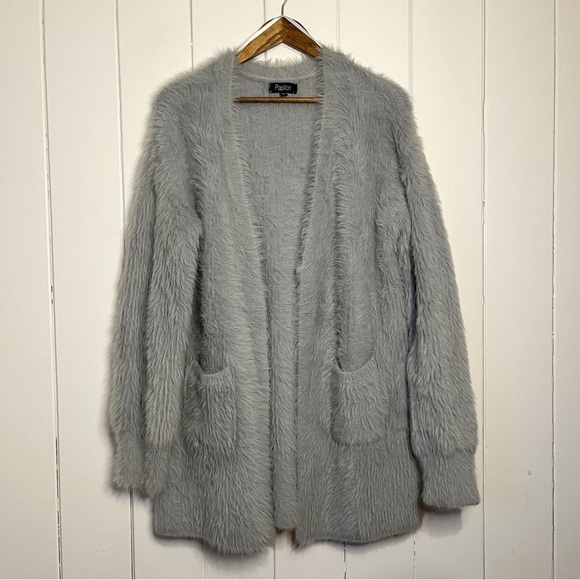 Papillon Sweaters - Papillon Fuzzy Light Slate Open Cardigan. Size Medium.
